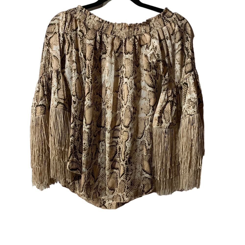 Muche et Muchette Anthropologie Boho Snakeskin Tassel Off Shoulder Blouse